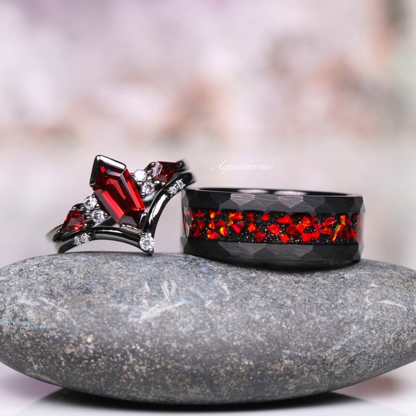 Natural Garnet & Red Fire Opal Couples Ring Set- His and Hers Matching Wedding Band- Hammered Red Black Tungsten Couples Ring Promise Ring