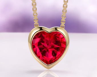 Dainty Heart Ruby Necklace in 14K Yellow Gold Vermeil- Lab Grown Ruby Pendant Necklace- July Birthstone- Anniversary Birthday Gift For Her