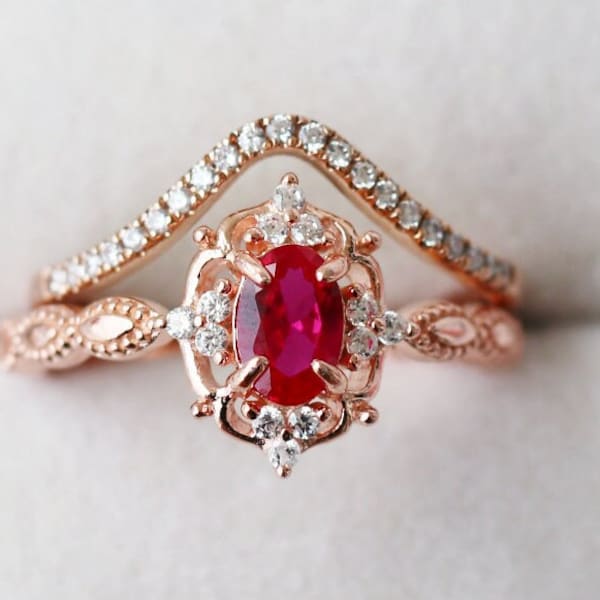Vintage Natural Ruby Engagement Ring For Women- 14K Solid Rose Gold Promise Ring- Art Deco Milgrain Ring - July Birthstone- Gift For Her