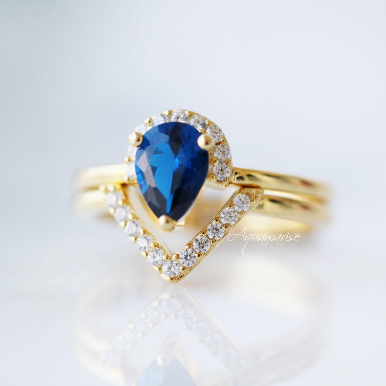 Aria Sapphire Ring Set 14K Yellow Gold Vermeil Ring Set Engagement Promise Ring Promise Ring September Birthstone Anniversary Gift image 4