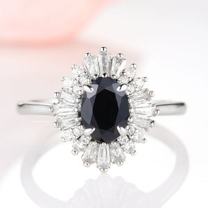 Victoria Black Diamond Ring- Sterling Silver Natural Black Onyx Engagement Ring For Women Halo Promise Ring- Black Gemstone Anniversary Ring