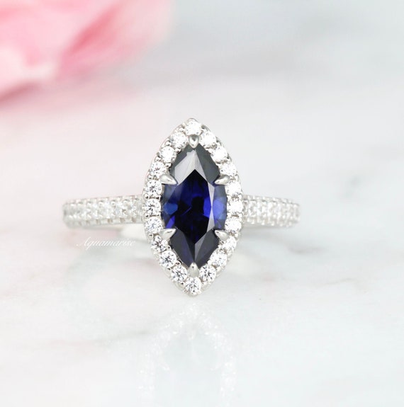 Marquise Blue Sapphire Ring Sterling Silver Ring Genuine | Etsy