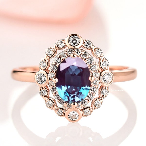 Vintage Alexandrite Ring- 14K Rose Gold Vermeil Engagement Ring For Women- Dainty Promise Ring- June Birthstone- Anniversary Gift For Her