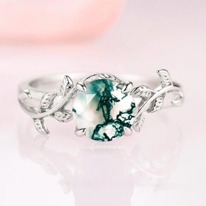 Natural Green Moss Agate Engagement Ring For Women- Nature Inspired Leaf Promise Ring Unique Anniversary Gift For Her- 925 Sterling Silver