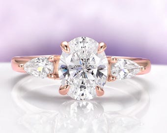 Simulated Diamond Ring Three Stone Oval Engagement Ring Pear Sides 14K Rose Gold Vermeil