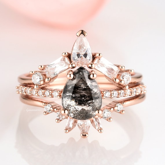 Galaxy Raw Salt and Pepper Diamond Ring Set Teardrop Diamond Engagement Ring Sets Unique Bridal Diamond Promise Rings 14K Rose Gold Vermeil Etsy