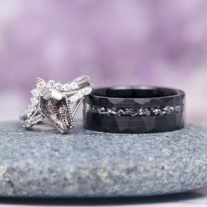 Galaxy Salt & Pepper Diamond, Meteorite Couples Ring Set- His and Hers Cosmic Wedding Bands Sterling Silver/ Tungsten Matching Promise Ring