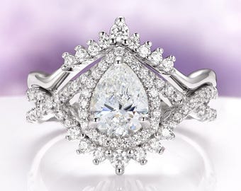 Sapphire Engagement Ring Set Lab Grown White Teardrop Sterling Silver Bridal Stack