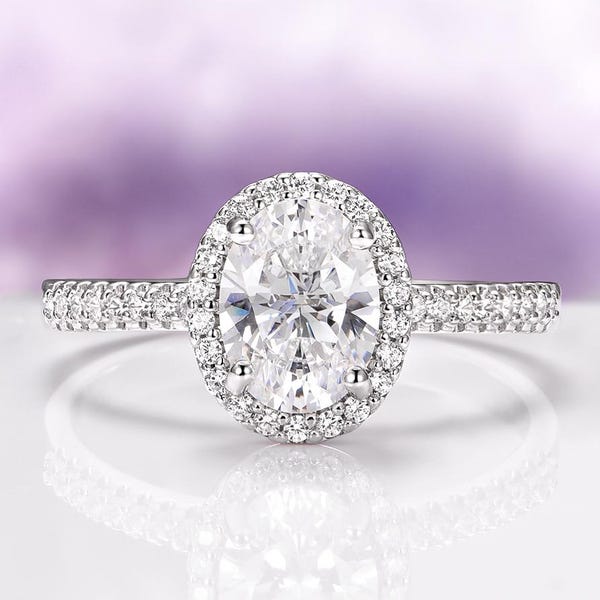 Oval Diamond Engagement Ring in 925 Sterling Silver- Dainty Halo Simulated Diamond Promise Ring- April Birthstone- Anniversary Gift For Her
