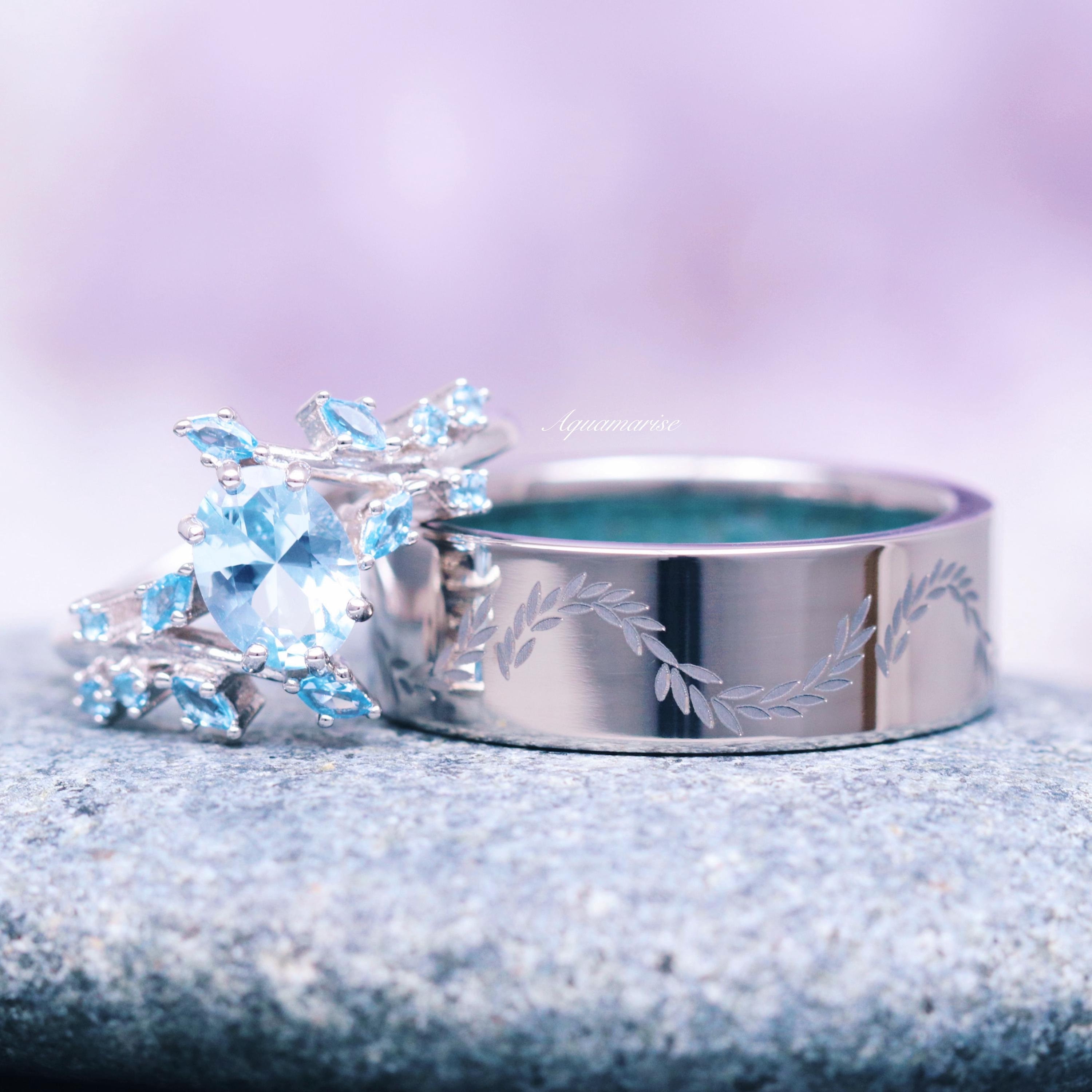 Aquamarine Leaf Couples Ring Set- His and Hers Wedding Bands