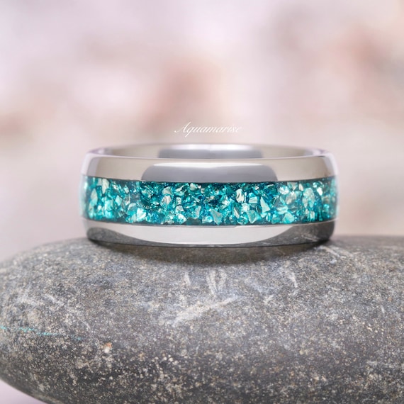 Crushed Aquamarine Men's Wedding Band- 8mm Silver Unique Tungsten