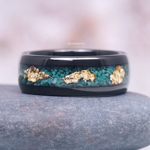 Green Moss Agate & Gold Leaf Men&#39;s Wedding Band- Black Tungsten Carbide 8mm Comfort Fit Ring- Nature Wedding Ring- Anniversary Gift For Him