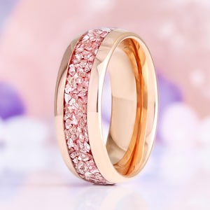 Morganite Mens Wedding Band Rose Gold Tungsten 8mm Crushed Pink Stone Inlay image 1
