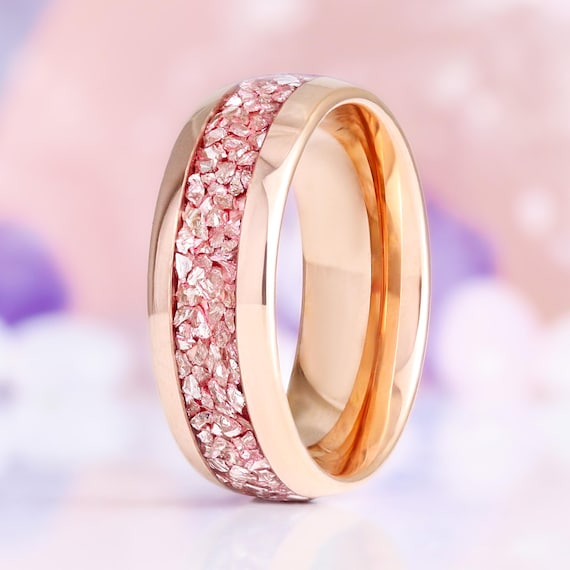 Pink Morganite Ring Rose Gold Tungsten Ring Womens/ Mens Wedding Band- Comfort-Fit Dome Polished- Anniversary Ring- Statement Ring 8mm Ring