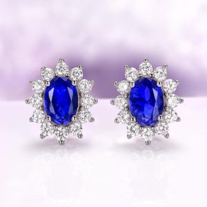 Blue Sapphire Princess Diana Stud Earrings in 925 Sterling Silver- Blue Bridal Studs- Vintage Art Deco Wedding Bridal Jewelry- Oval Sapphire