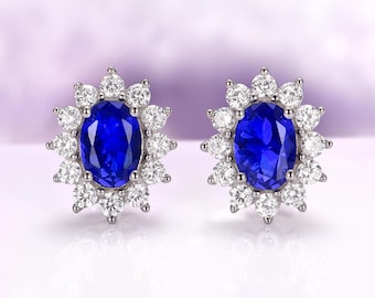 Sapphire Stud Earrings Lab Created Blue Oval Halo Sterling Silver Vintage Style