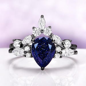 Blue Sandstone Ring Set Sterling Silver Pear Galaxy Engagement Ring Black Goth Bridal Set