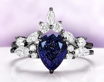 Blue Sandstone Ring Set Sterling Silver Pear Galaxy Engagement Ring Black Goth Bridal Set