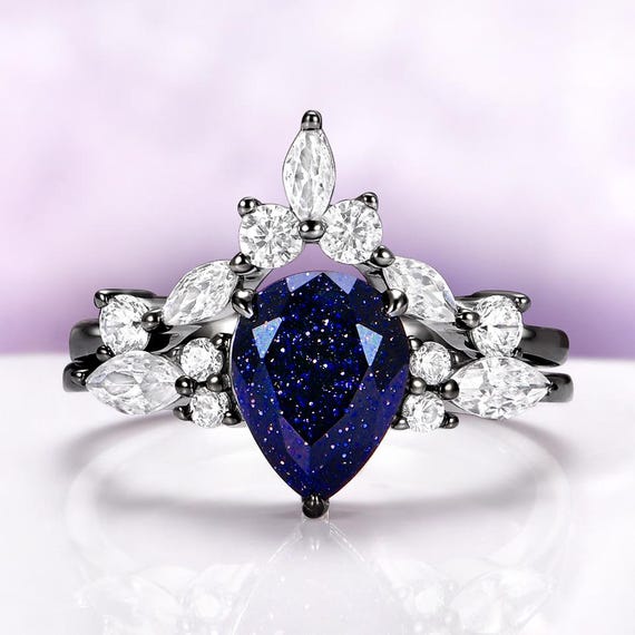 アスティエ　クリスマスオーナメント　ENGAGEMENT RING BLACK Nature Inspired Black Opal Leaf Engagement Ring Set, Rhodium Black