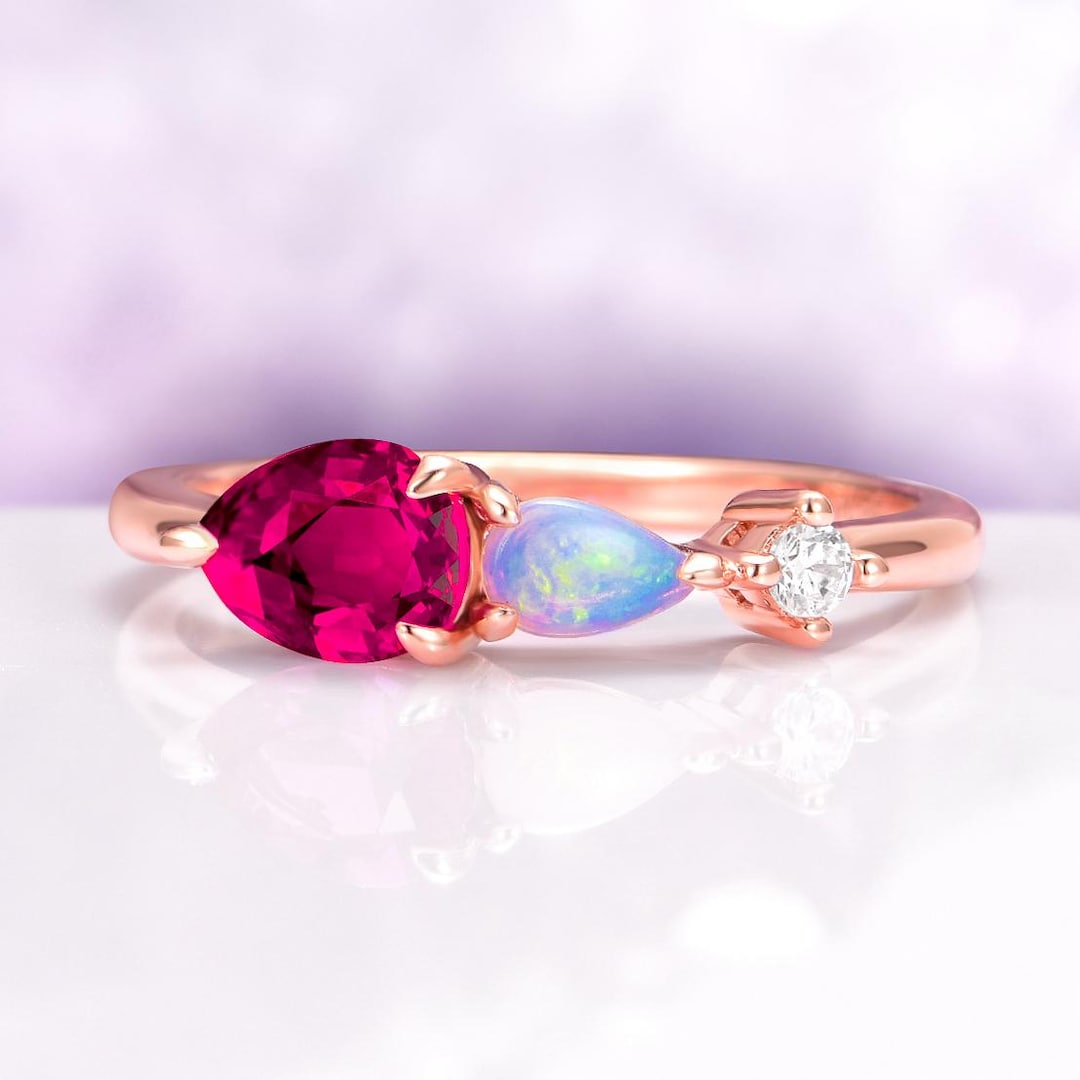 Ruby Fire Set Ruby and Fire Opal Ringing 14K Rose Gold Vermeil- Pear Cut Ruby Opal ...