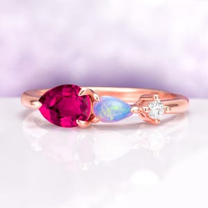 Ruby and fire Opal Ringing 14K Rose Gold Vermeil- Pear Cut Ruby Opal Dainty Engagement or Promise Ring Unique Wedding Band- Bridal Ring Set
