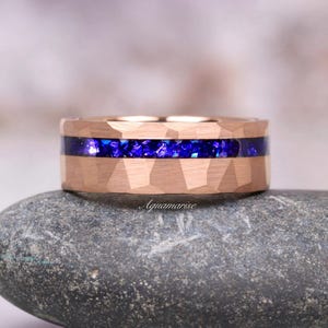 Blue Sapphire Hammered Rose Gold Mens Wedding Band- Unique Mens Sapphire Ring- 8mm Tungsten Carbide Ring-  Matte Brushed Comfort Fit Ring
