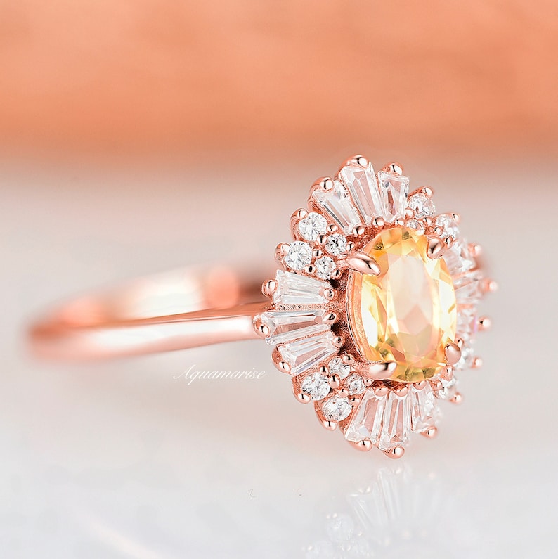 Victoria Citrine Ring- 14K Rose Gold Vermeil Ring - Daisy Natural Citrine Yellow Gemstone-November Birthstone- Oval Halo Ring-  Gift for Her 