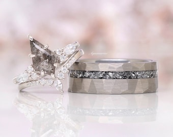 Conjunto de anillos para parejas Galaxy Sat & Pepper y Meteorite: alianza de bodas de diamantes negros para él y para ella, anillo de promesa para parejas a juego de plata esterlina