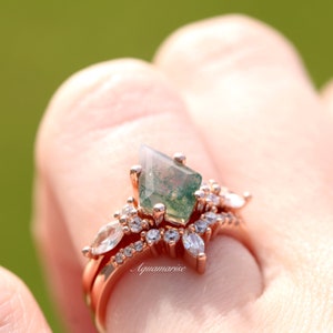 Skye Kite Green Moss Agate Ring 14K Rose Gold Vermeil Natural Agate Engagement Ring Promise Ring Green Gemstone Anniversary Gift For Her afbeelding 6