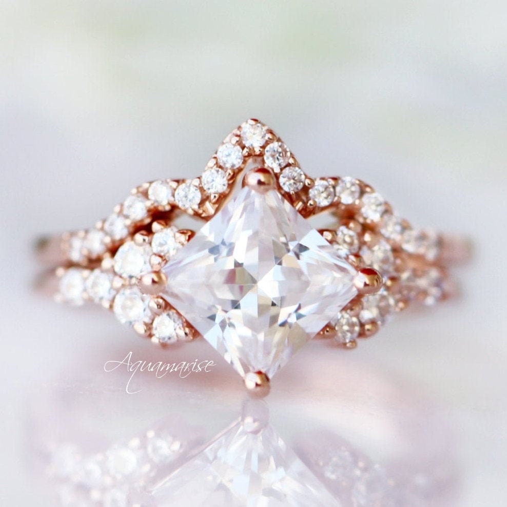 Princess Cut Moissanite Engagement Ring Set- 14K Solid Rose Gold Wedding Ring Set-Square Diamond Promise Ring- Anniversary Gift For Her
