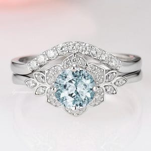 Natural Aquamarine Ring Set- Sterling Silver Engagement Rings Bridal Wedding Ring Sets-  Flower Aquamarine Promise Ring- March Birthstone