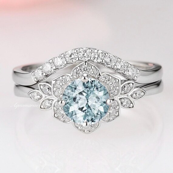 Natural Aquamarine Ring Set- Sterling Silver Engagement Rings Bridal  Wedding Ring Sets- Flower Aquamarine Promise Ring- March Birthstone