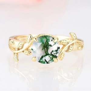 Natural Moss Agate Engagement Ring For Women Alternative Engagement Ring Nature Inspired Leaf Ring Anniversary Rings 14K Yellow Gold Vermeil