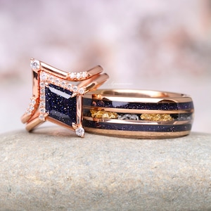 Starry Night Couples Ring Set- His and Hers Orion Nebula Wedding Band Galaxy Sandstone Kite Rose Gold Vermeil/ Tungsten Unique Matching Ring
