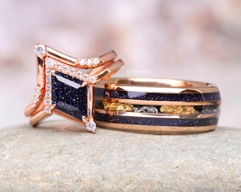 Sternennacht-Ring-Set für Paare - Ehering für Sie und Ihn, Orionnebel, Galaxie, Sandsteindrachen, Roségold Vermeil/Wolfram, einzigartiger passender Ring