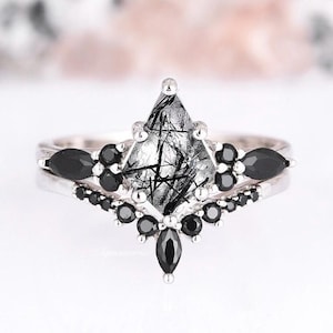 Skye Kite Rutilated Quartz & Black Diamond Ring Set For Woman- Natural Quartz Engagement Ring- 925 Sterling Silver Promise Ring Gift For Her