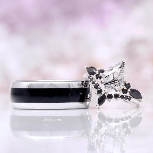Skye Rutilated Quartz & Black Onyx Couples Ring Set- His and Hers