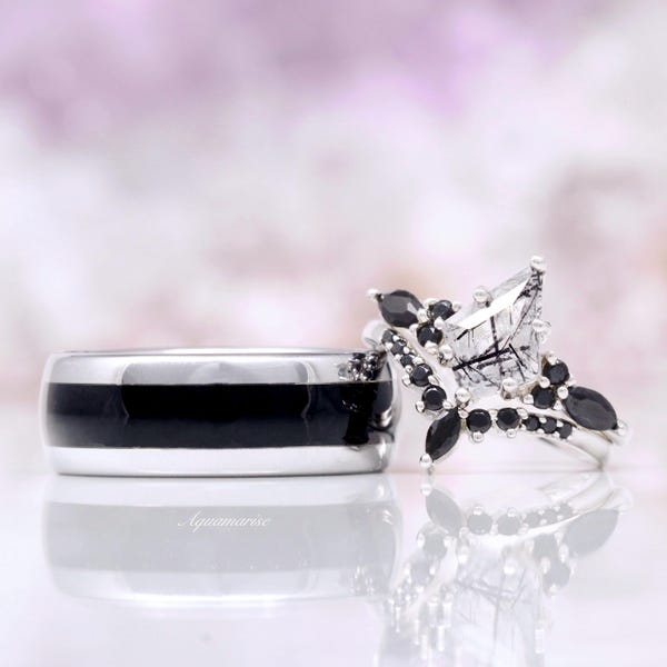 Skye Rutilated Quartz & Black Onyx Couples Ring Set- His and Hers Black Diamond Wedding Band Sterling Silver Matching Couples Promise Ring