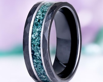 Green Moss Agate Hammered Mens Wedding Band- Brushed Black Tungsten Carbide Ring 8mm Comfort Fit Nature Inspired Wedding Ring- Gift For Him
