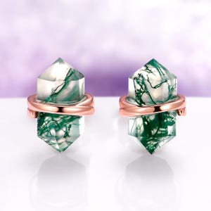 Raw Green Moss Agate Stud Earrings in 14K Rose Gold Vermeil- Hexagon Natural Agate Studs Unique Birthstone Jewelry Anniversary Gift For Her