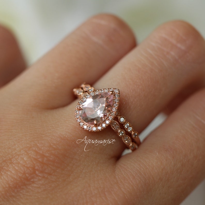 Vintage Teardrop Morganite Ring 14K Rose Gold Vermeil Morganite Engagement Ring For Women Promise Ring Anniversary Birthday Gift For Her image 4