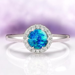 Blue Fire Opal Ring in 925 Sterling Silver- Vintage Round Opal Engagement Ring- Promise Ring- October Birthstone- Anniversary Gift For her