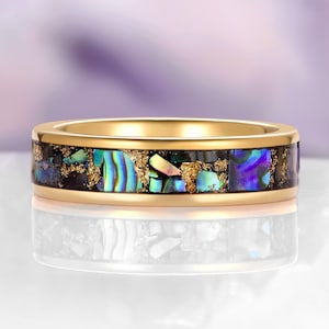 Natural Paula Shell Wedding Band– 6MM Yellow Gold Tungsten Carbide Ring for Him or Her– Unique Anniversary or Engagement Gift For Her