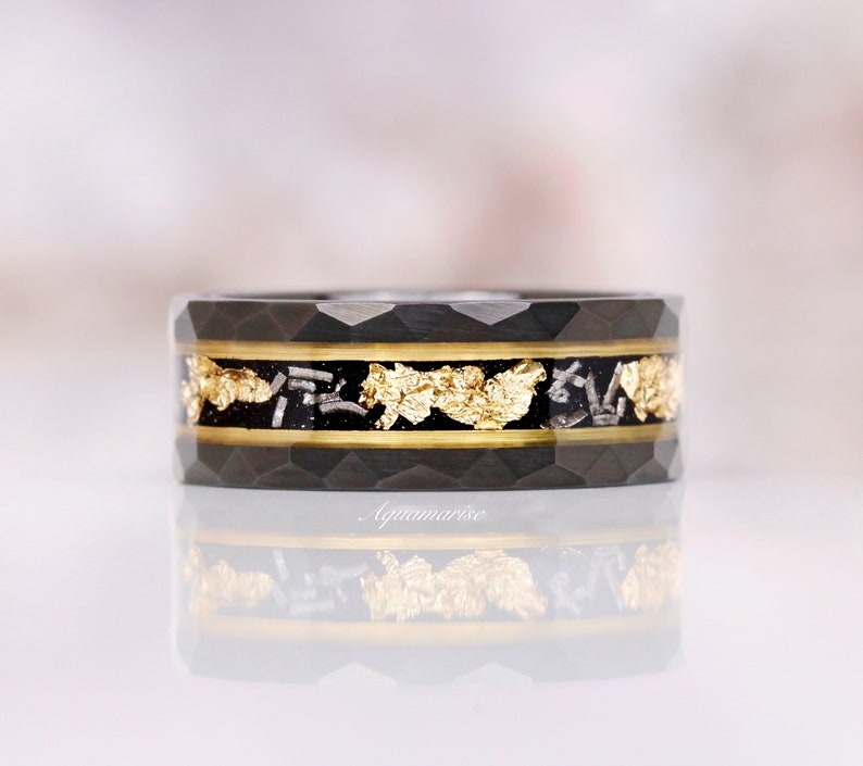 Black Onyx & Meteorite Gold Leaf Couples Ring His and Hers Wedding Band Gold Ring Set Matching Nature Couples Unique Vintage Promise Ring image 7
