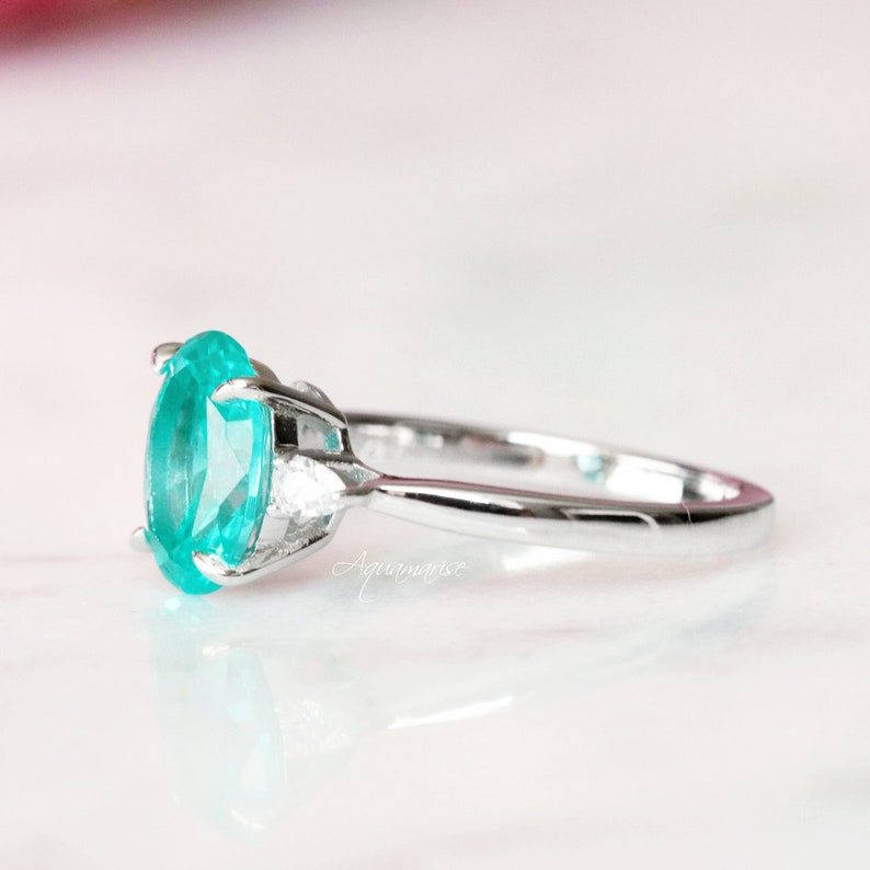 Oval Paraiba Tourmaline Ring Sterling Silver Engagement Ring For Women Promise Ring Neon Turquoise Teal Gemstone Ring October Birthstone image 4