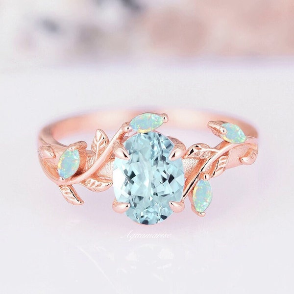 Aquamarine & Opal Leaf Engagement Ring For Woman- 14K Rose Gold Vermeil Aquamarine Promise Ring- March Birthstone- Anniversary Gift For Her