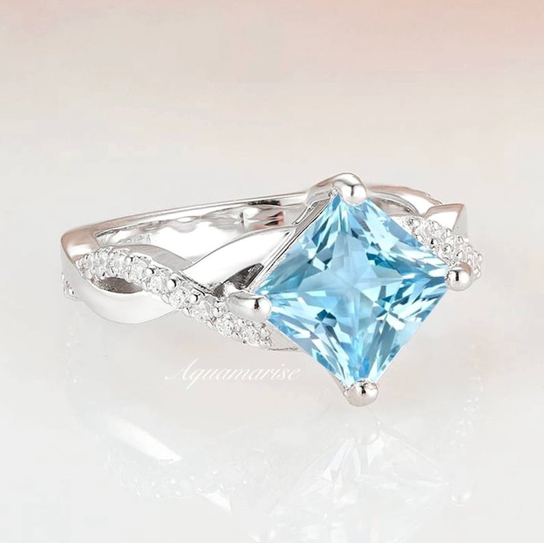 Princess Cut Aquamarine Ring 925 Sterling Silver Ring March - Etsy