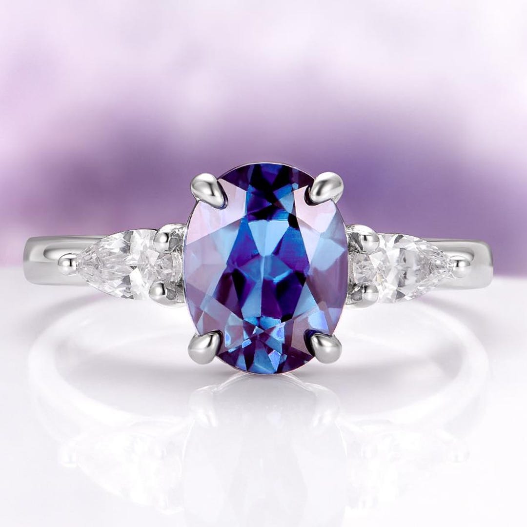 Oval Alexandrite Engagement Ring in 925 Sterling Silver- Unique