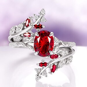 Natural Red Garnet Ring Set- 925 Sterling Silver Star Cut Minimalist Leaf Engagement Ring- Unique Red Promise Ring- Anniversary Gift For Her