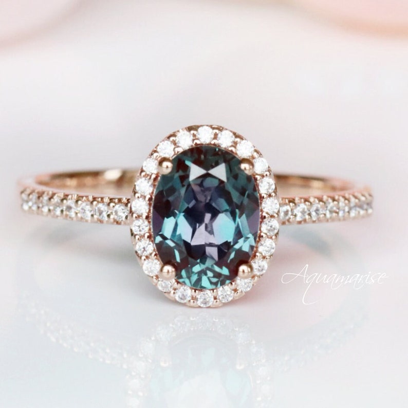 Teal & Purple Oval Alexandrite Engagement Ring- 14K Solid Rose Gold Alexandrite Ring- Promise Ring- Color Changing Gemstone- June Birthstone 